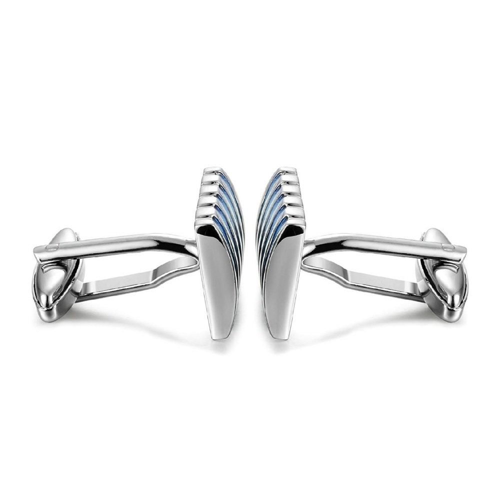 Mens Metal Striped Cuff Links Silver Blue - Picture 2 of 4